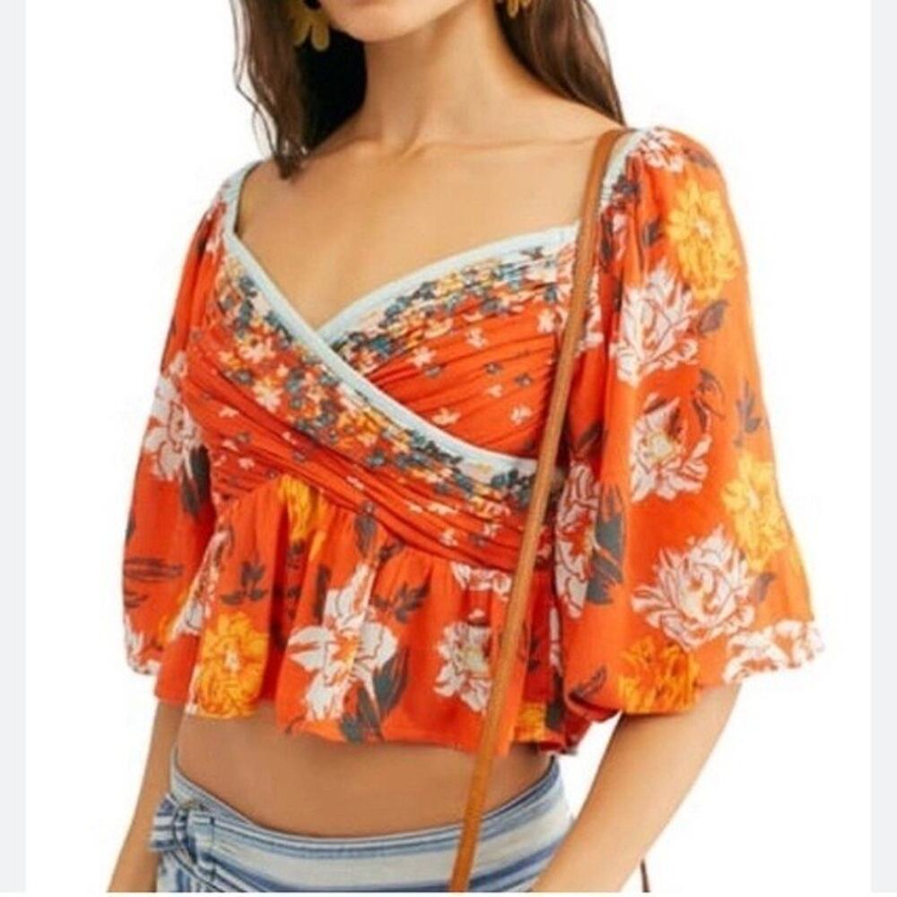 Free People Mirabella Crop Top Floral Burnt Orange Puff Sleeve Womens Apx Sz S